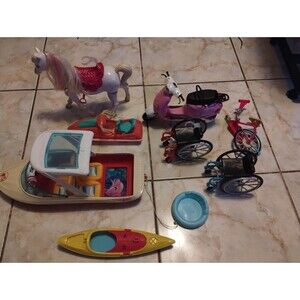 BARBIE Toy Lot Accessories Horse Jet ski Wheelchairs Unicycle Scooter Boat Kayak